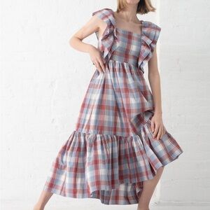 Ulla Johnson Frieda Check Gingham Red Blue White Sleeveless Ruffle Midi Dress XS